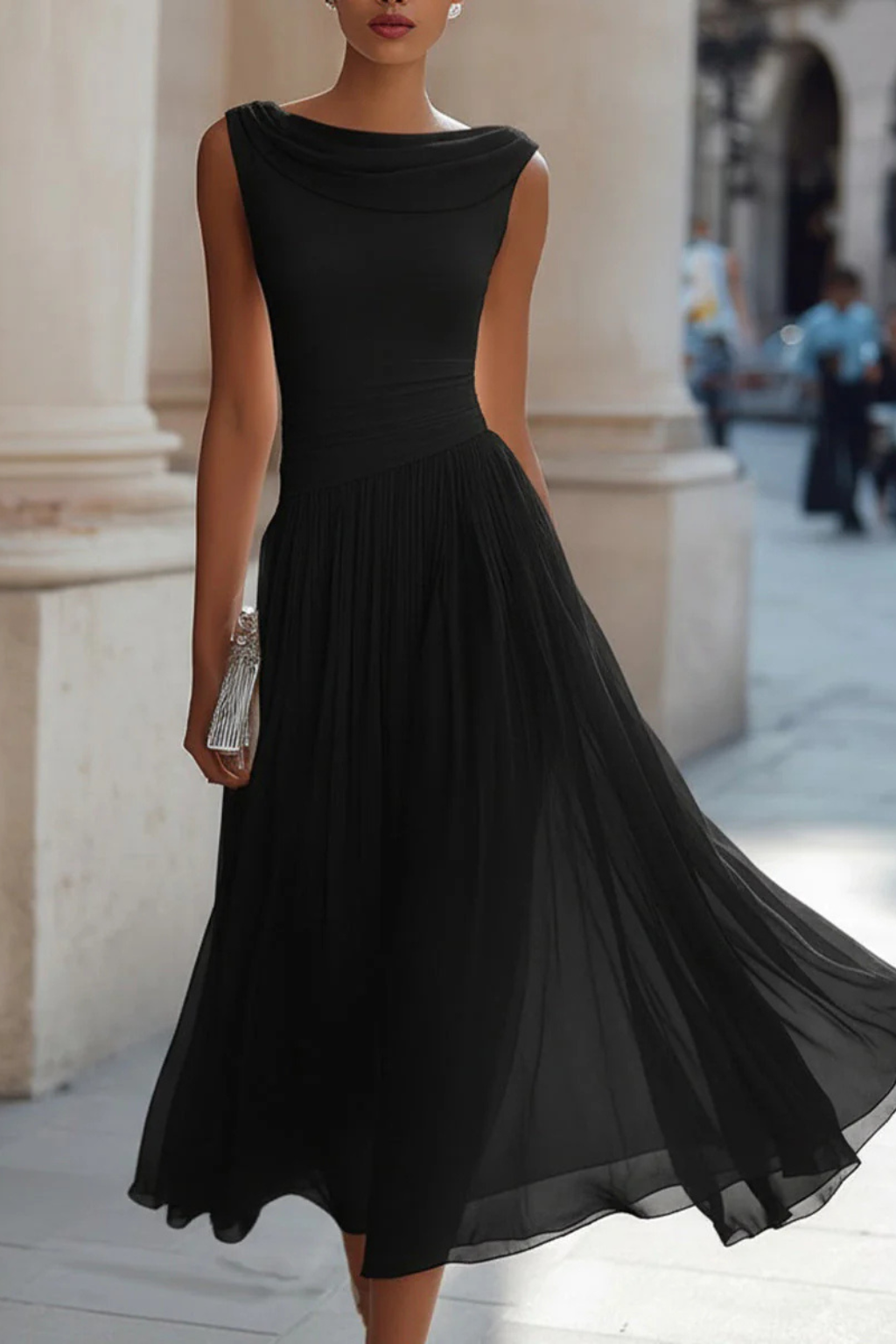 Women’s Midi Dress with Draped Cowl Neckline and Pleated Chiffon Skirt