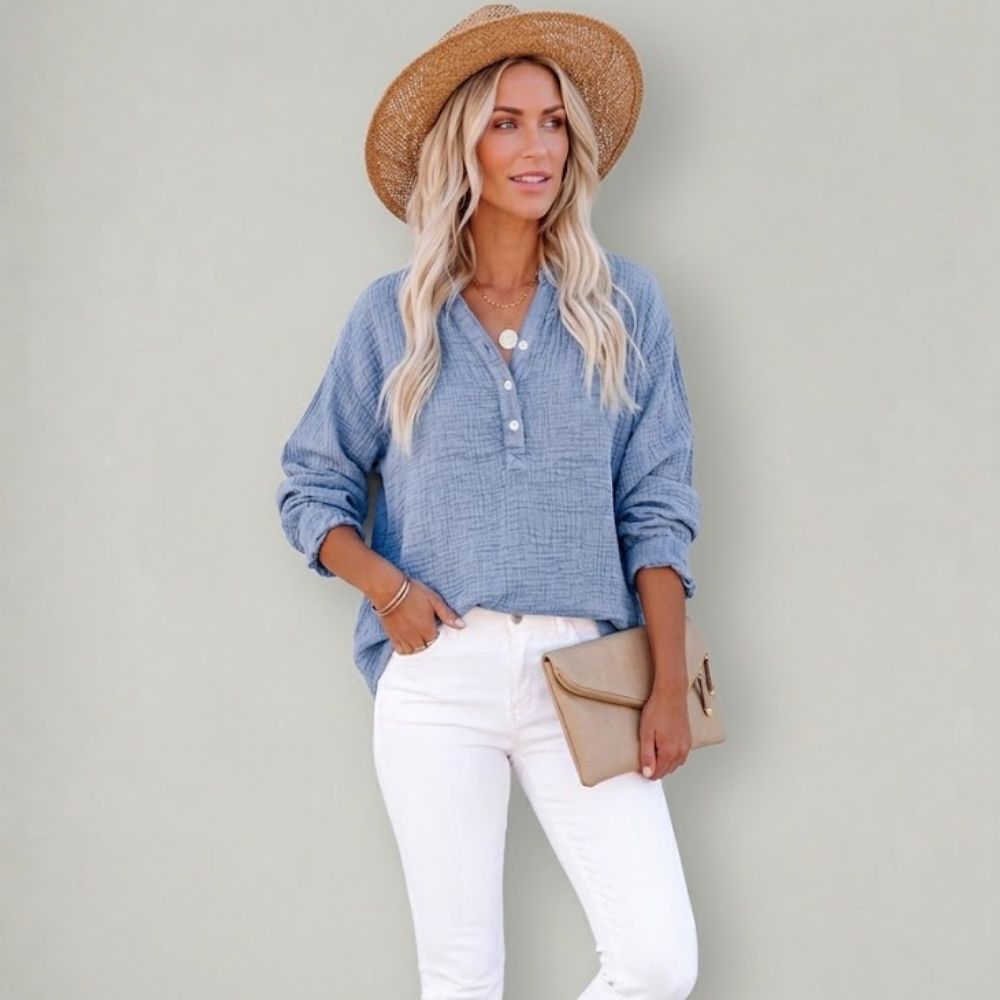 Women's Henley Blouse with Textured Gauze Fabric and Long Sleeves