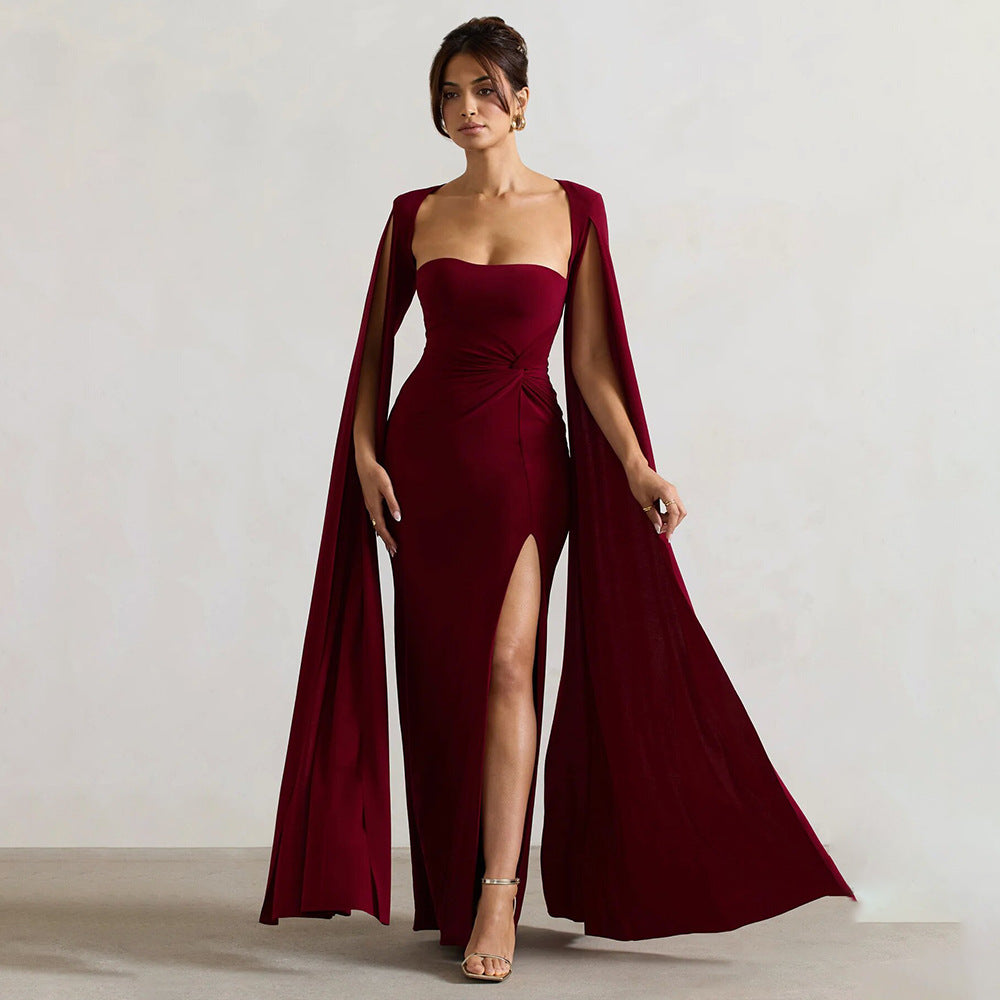 Women’s Square Neck Maxi Dress with Cape Sleeves and High Side Slit