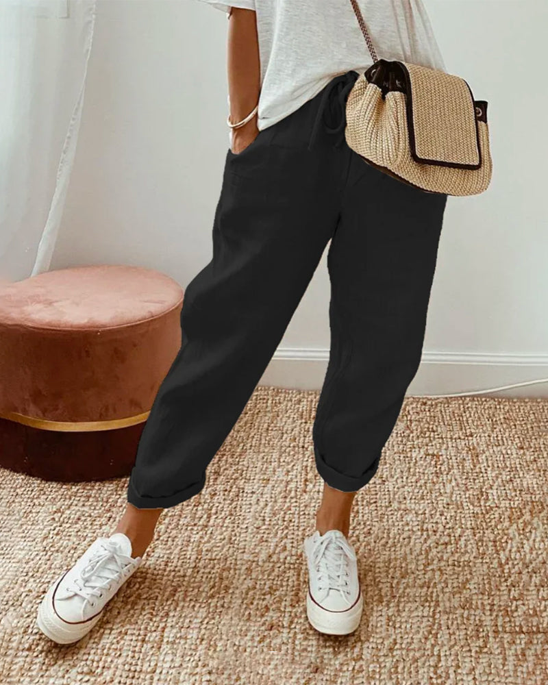 Women’s Casual Pants with Elastic Waistband and Functional Side Pockets