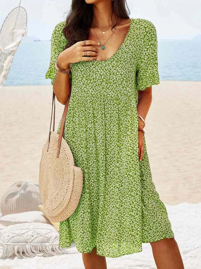 Women’s Floral V-Neck Smock Dress with Short Sleeves