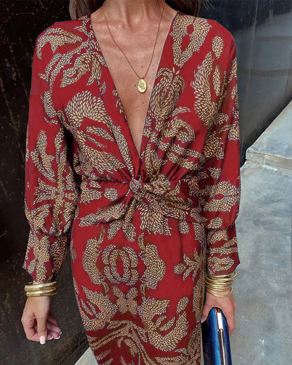Women's Long Sleeve Floral Wrap Dress with V-Neckline for Effortless Elegance