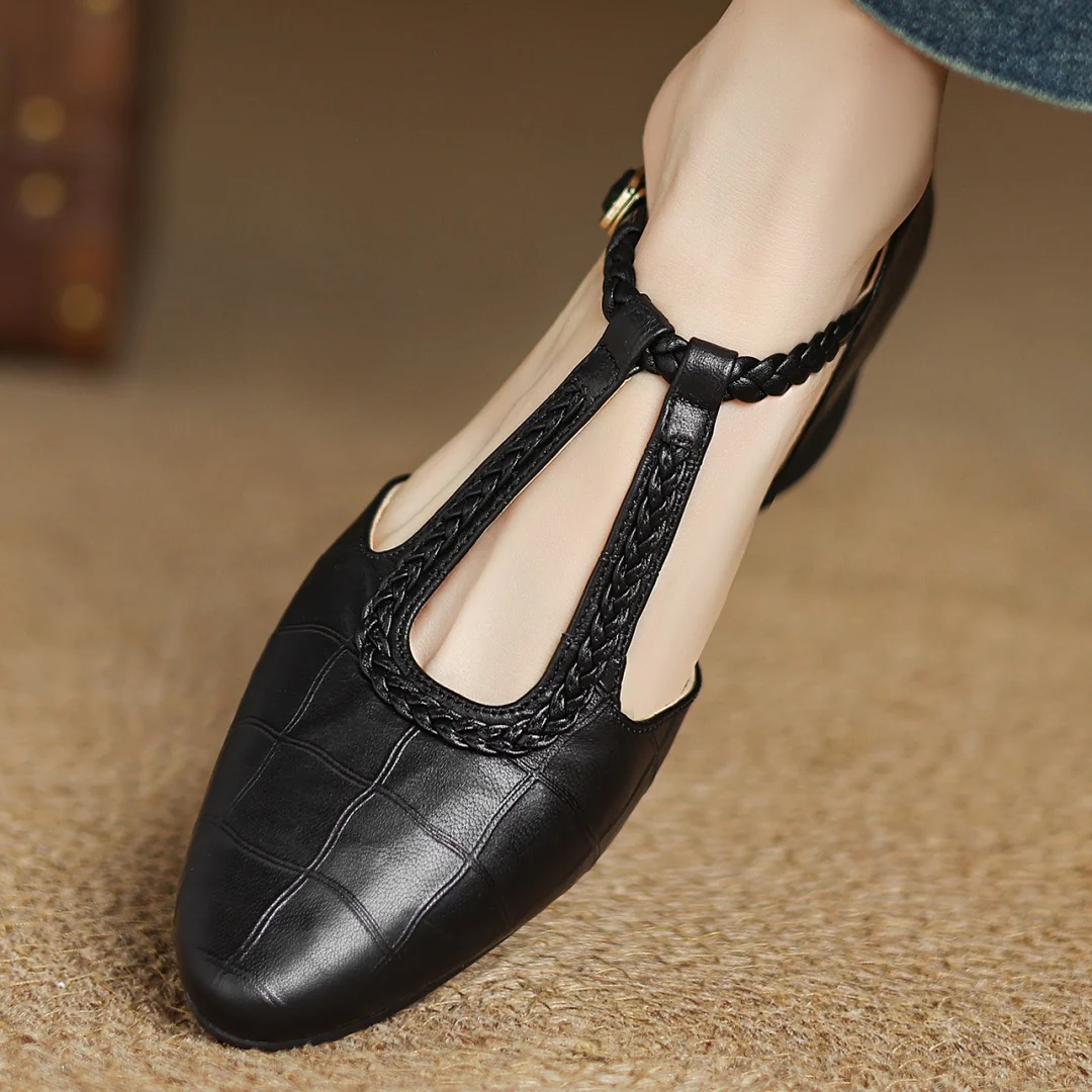 Women’s Mary Jane Flats with Pointed Toe and Braided T-Strap