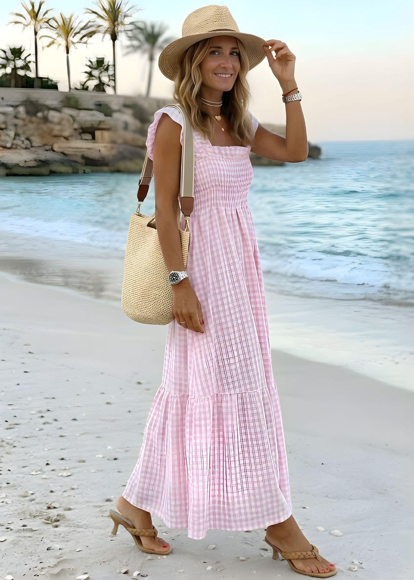 Women's Square Neck Maxi Dress with Smocked Bodice and Tiered A-Line Skirt