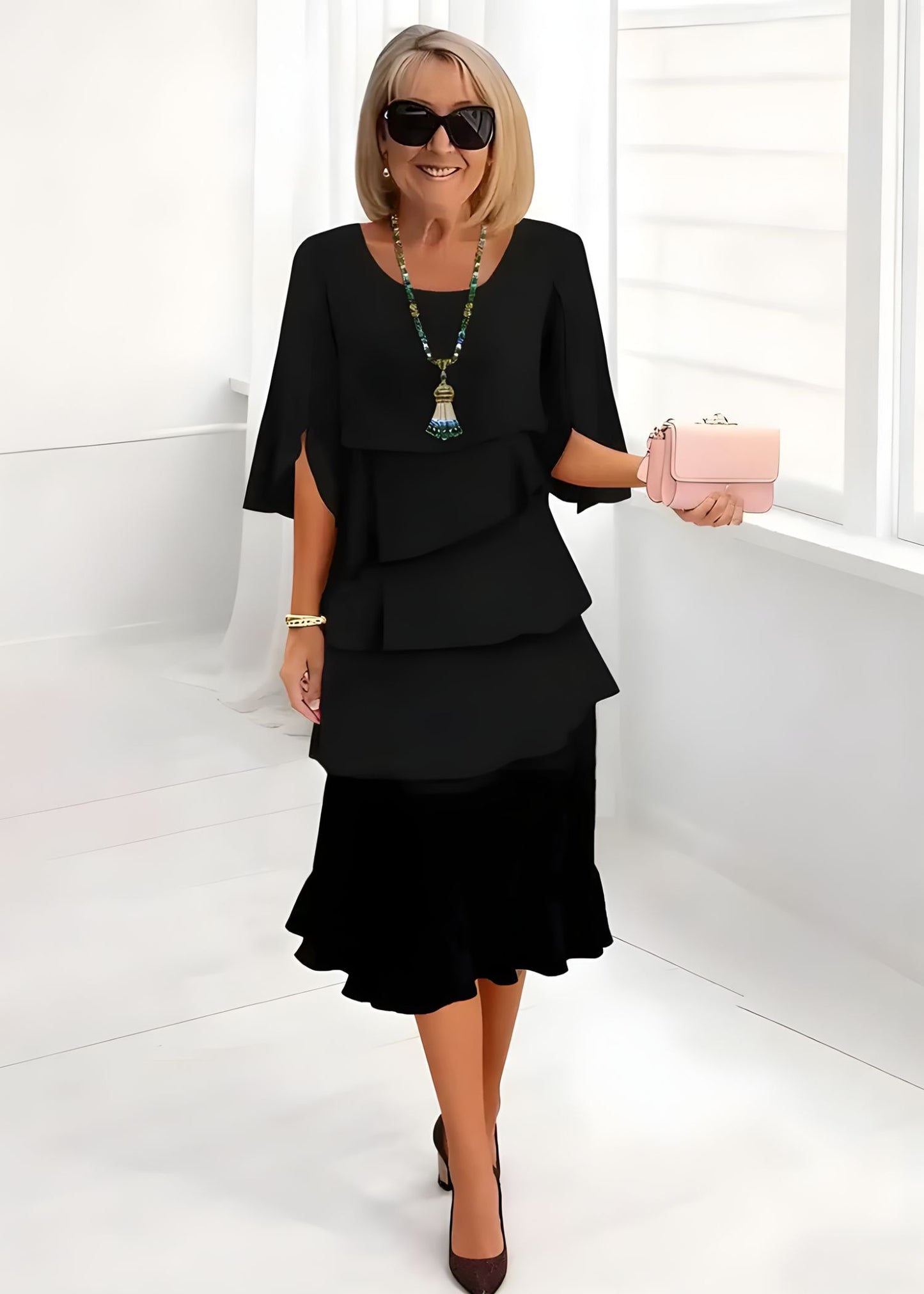 Women's Midi Dress Tiered Cascade Ruffles Flared Sleeves Round Neck