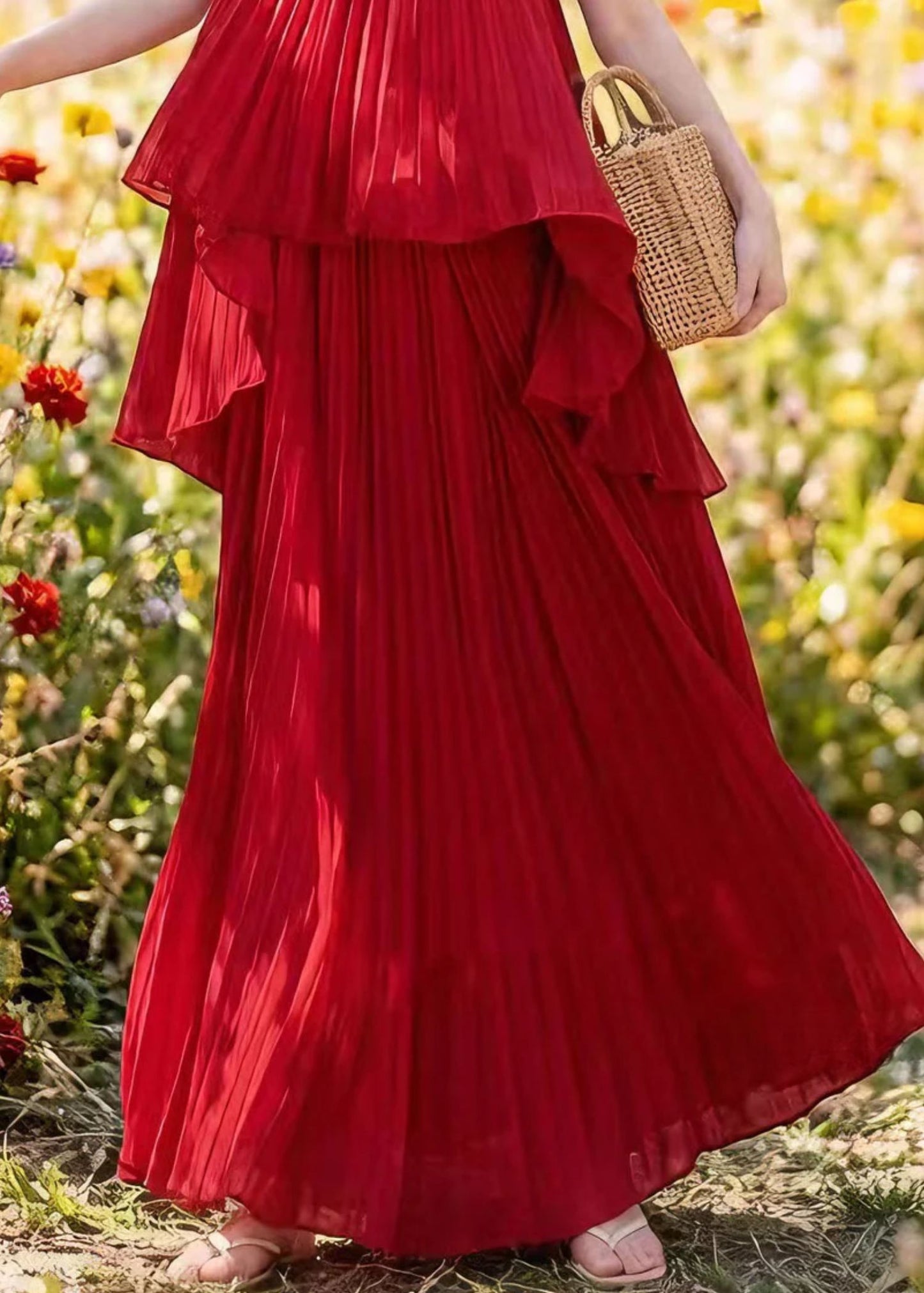 Women’s Two Piece Set with Pleated Chiffon Maxi Skirt and Ruffled Halter Top