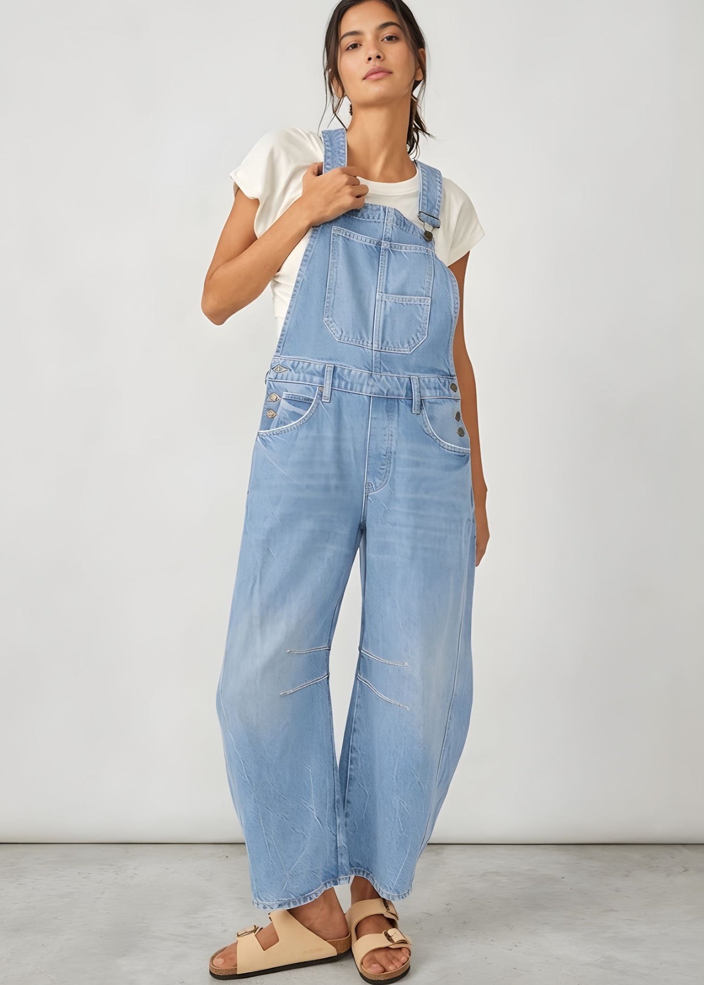 Women’s Wide Leg Barrel Overalls with Relaxed Fit and Utility Pockets