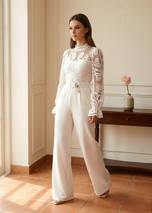 Women’s High Waist Wide Leg Trousers with Floral Lace Blouse and Gold Buckle Belt