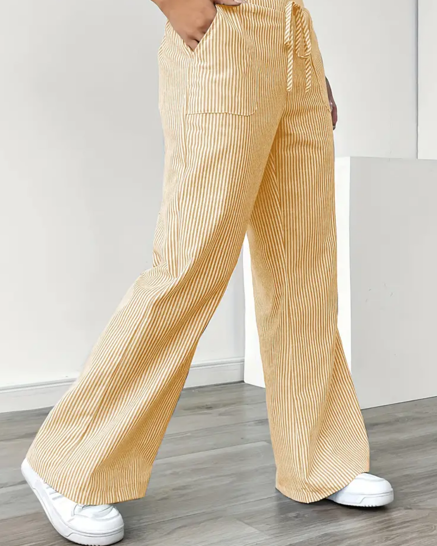 Women’s Linen Striped Pants with Drawstring Waist and Pockets