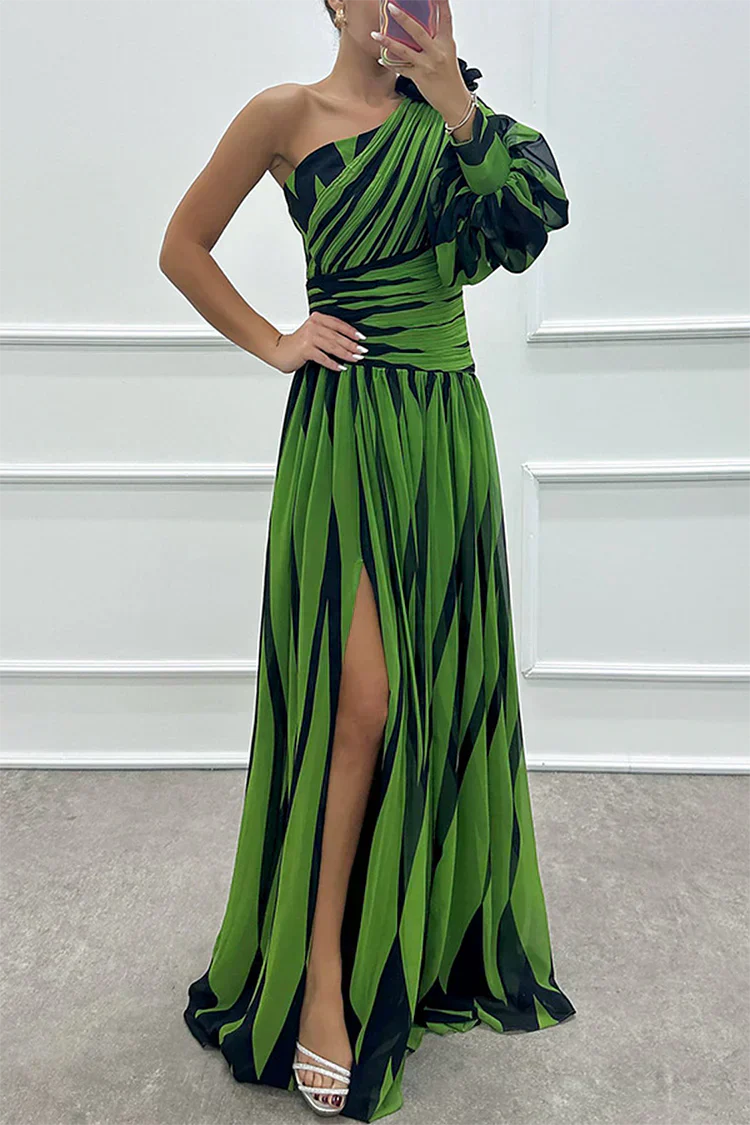 Women’s Maxi Dress with One-Shoulder Bodice and Asymmetric Diamond Pattern
