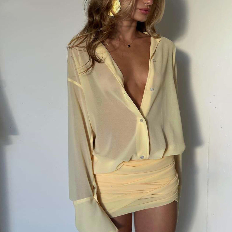 Women’s Ruched Mini Dress with Sheer Oversized Long Sleeve Top