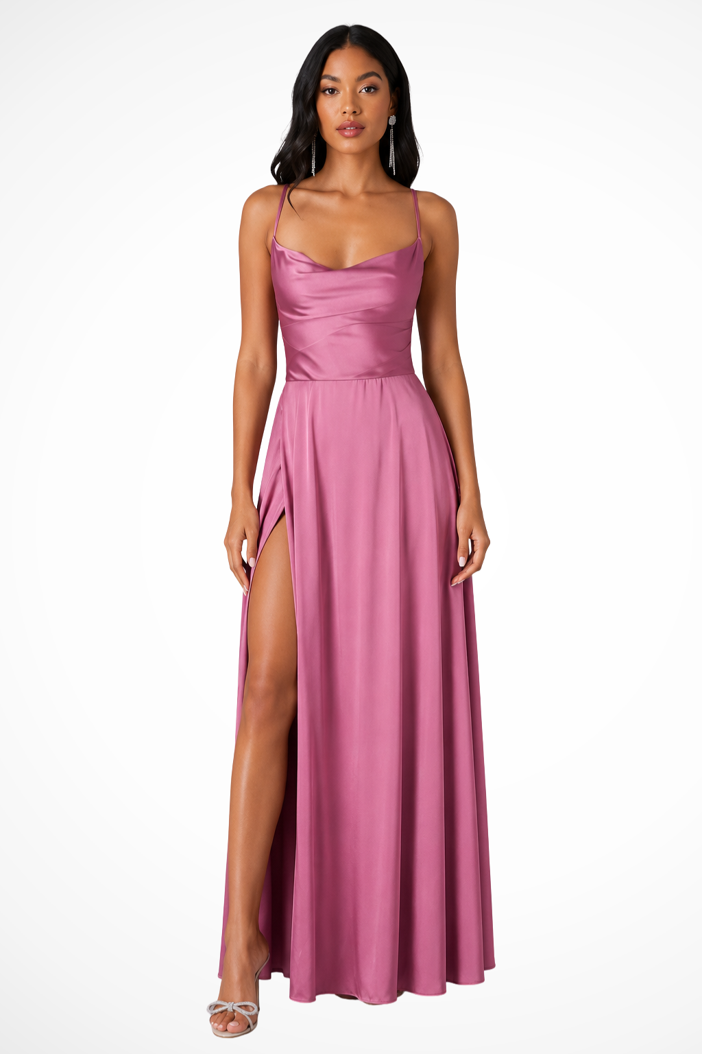 Women's Cowl Neck Side Slit Wedding Guest Satin Maxi Dress