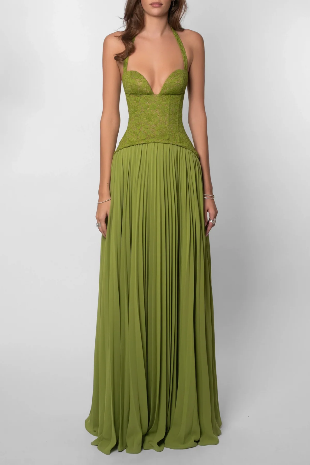 Women Halter Lace Corset Pleated Green Wedding Guest Maxi Dress