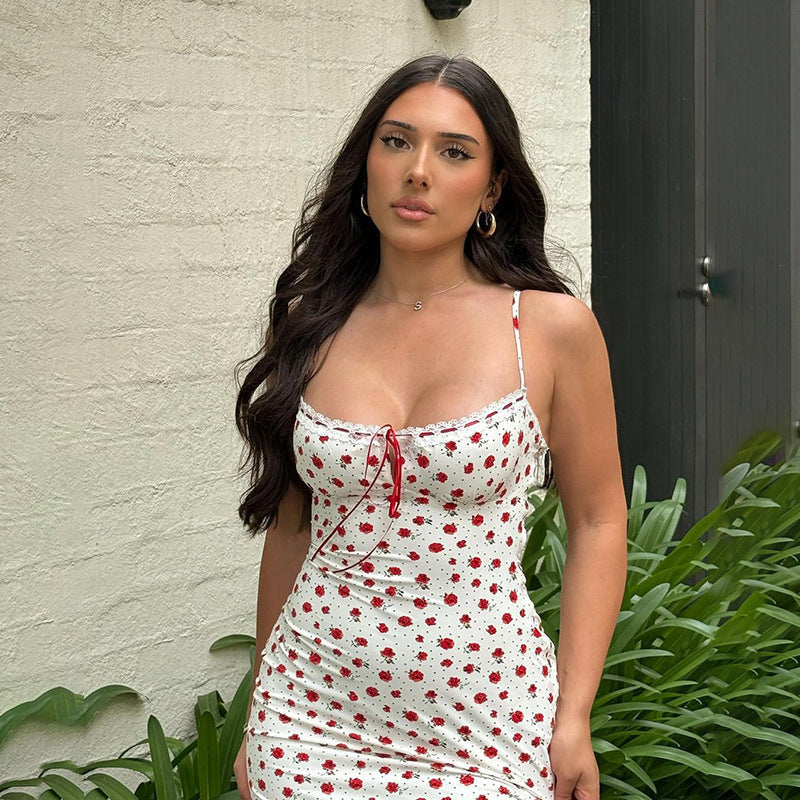 Women’s Floral Slip Maxi Dress with Tie Front Gathered Bust