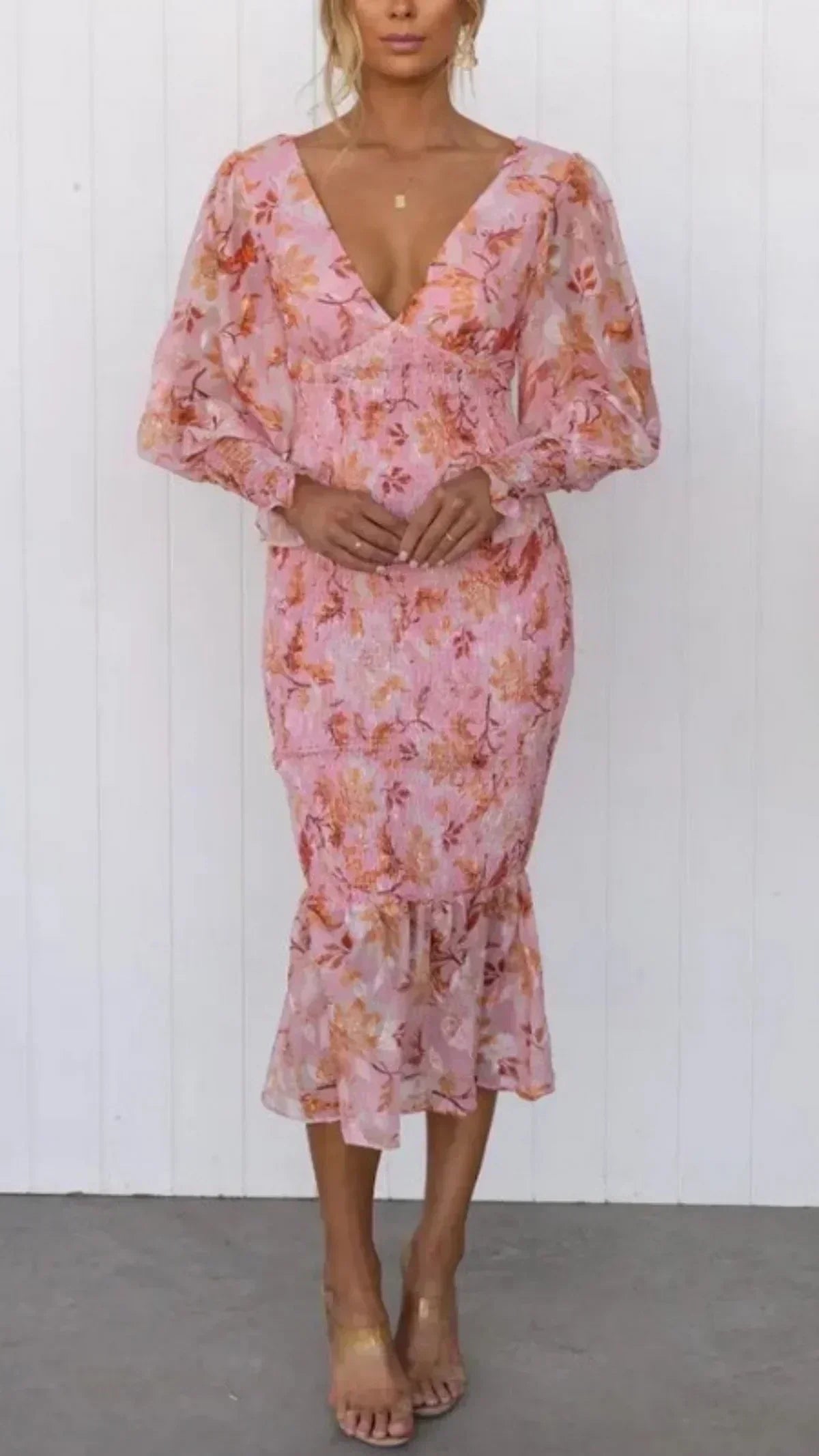 Women’s Floral Midi Dress with Smocked Body and Sheer Long Balloon Sleeves