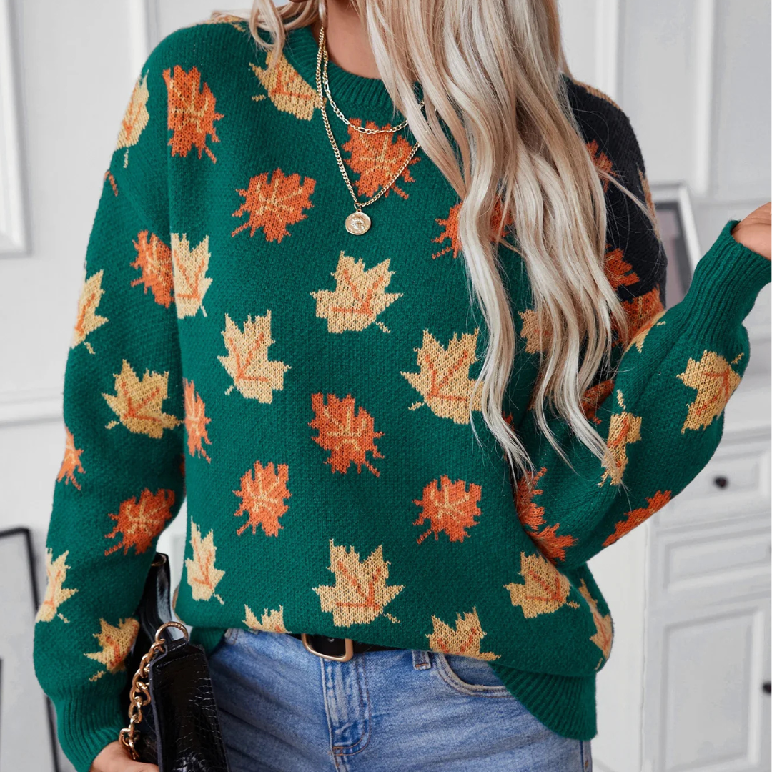 Ceylan Women's Knit Sweater Autumn Leaf Pattern