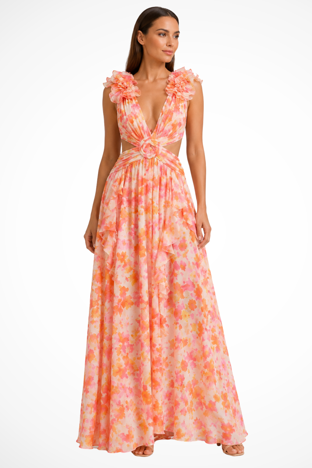 Women's V Neck Floral Ruffle Wedding Guest Maxi Dress
