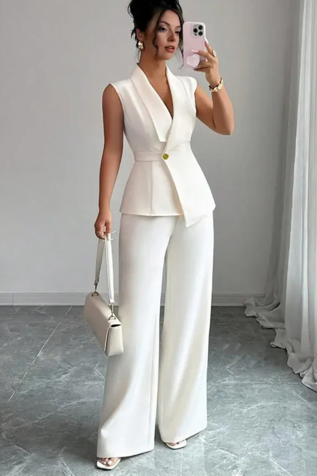 Women’s Two-Piece Set Sleeveless Blazer Vest and Wide Leg Pants Suit