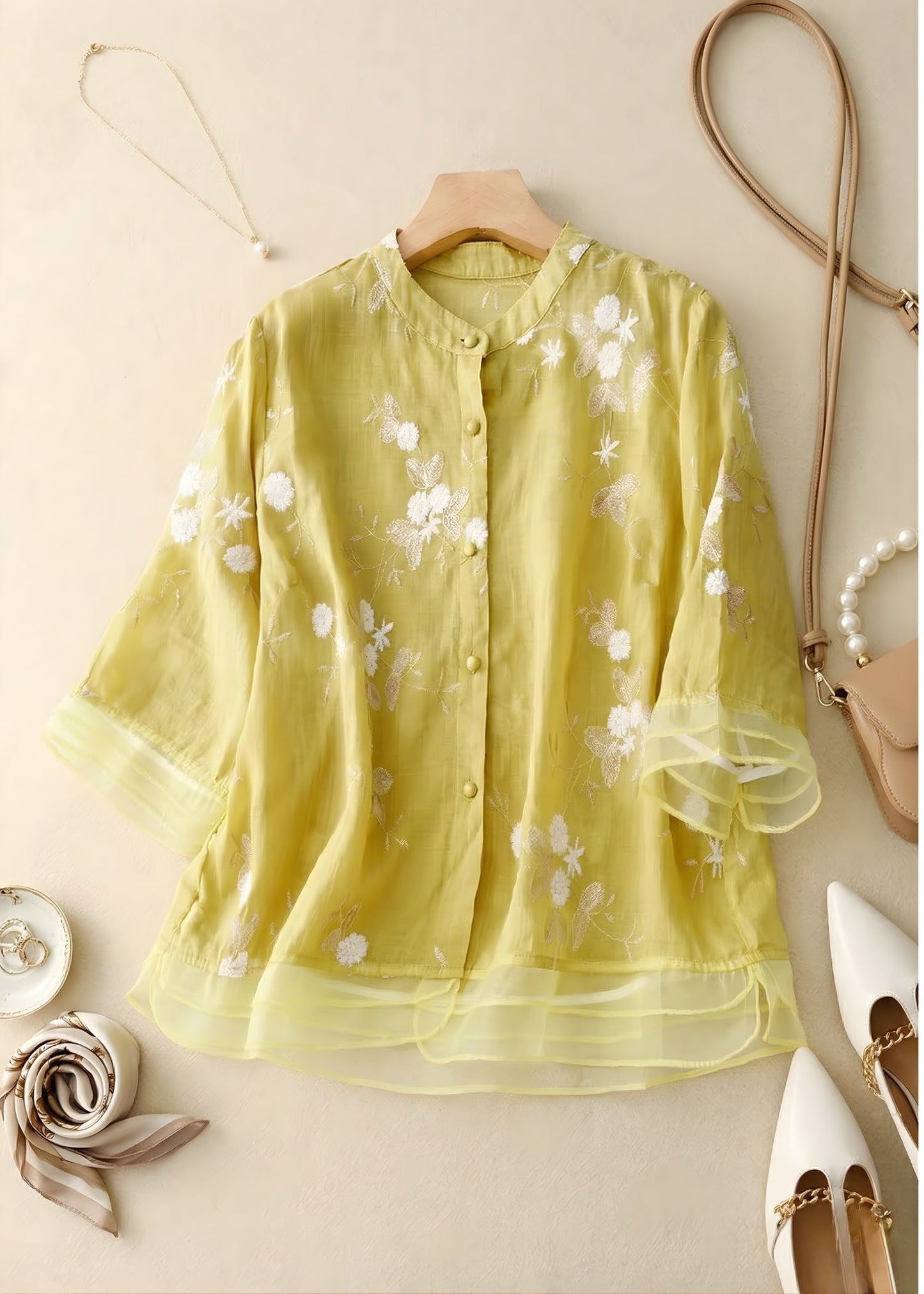 Women¡¯s Embroidered Cotton Linen Blouse with Layered Organza Trim