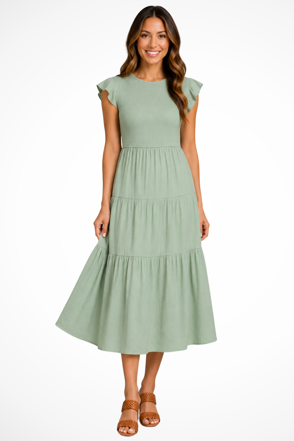 Tabitha | Women Flutter Sleeve Shirred Tiered Summer Midi Dress