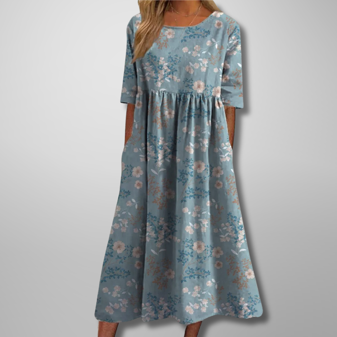 Women’s Midi Dress with Raised Floral Embroidery and Empire Waist Silhouette