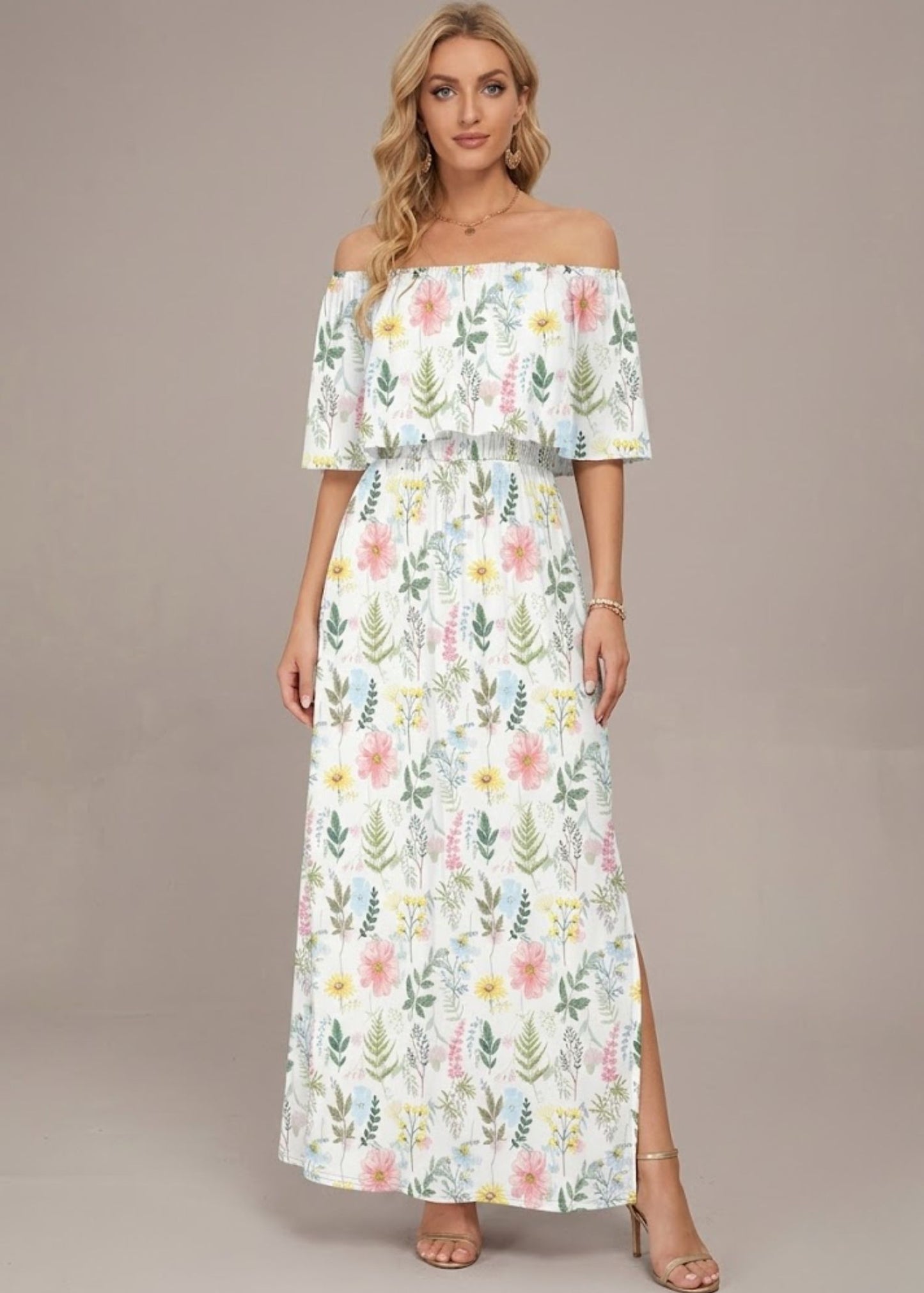 Women’s Off the Shoulder Maxi Dress with Ruffle Overlay and Side Pockets