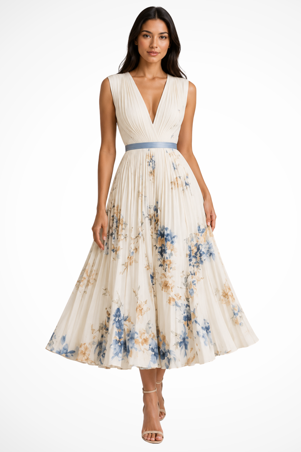 Women V Neck Floral Pleated Wedding Guest Petite Midi Dress