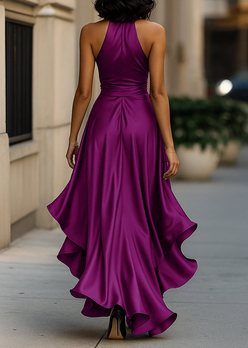 Ceylan Women’s Satin Halter Neck Gown with Asymmetric Ruffles