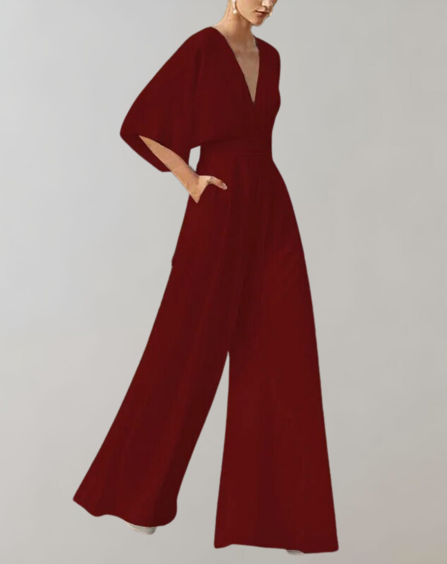 Women¡¯s Wide Leg Jumpsuit with Deep V-Neck and Flutter Kimono Sleeves