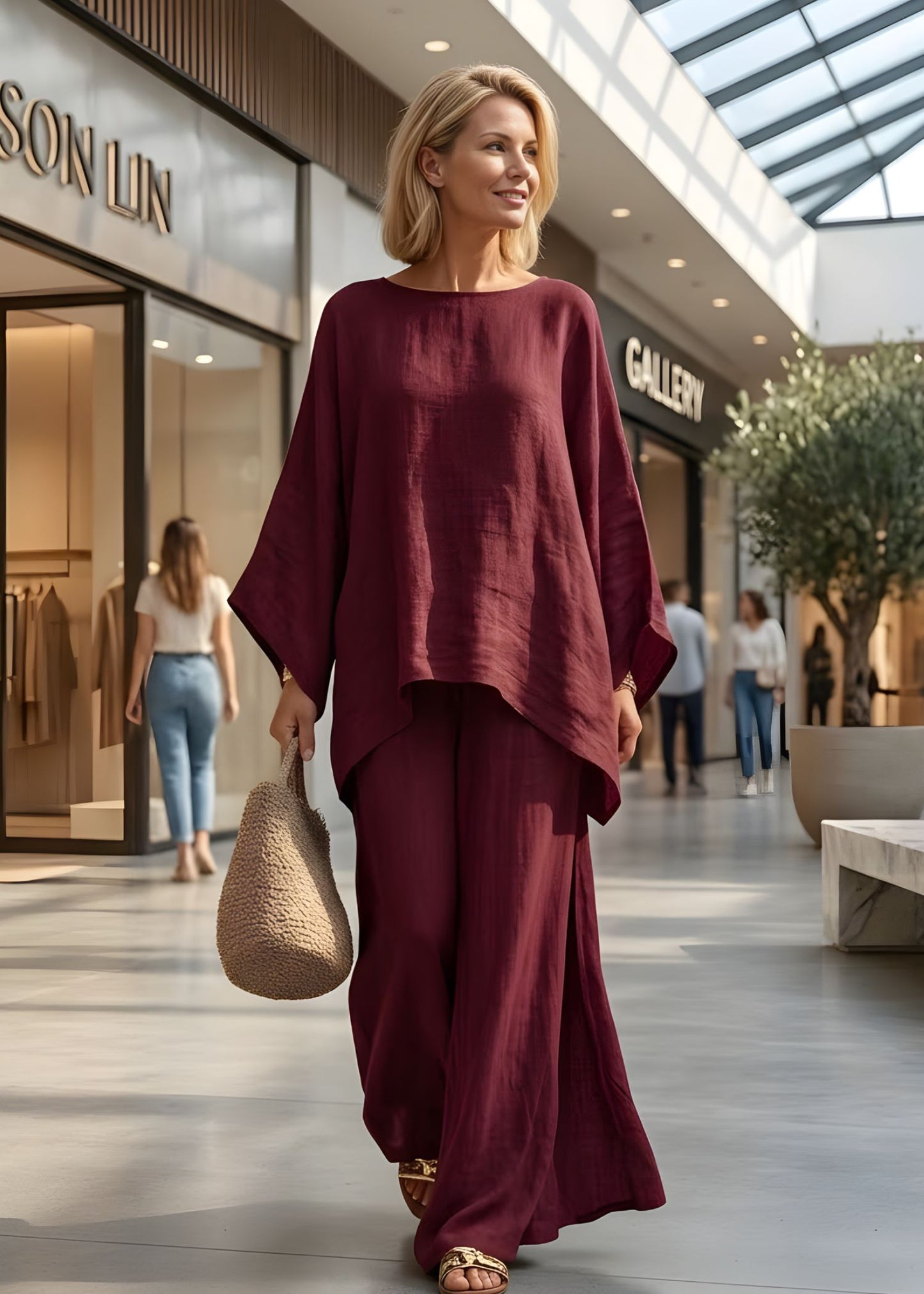 Women'sLinen Two-Piece Set with Cape Style Top and Wide Leg Pants