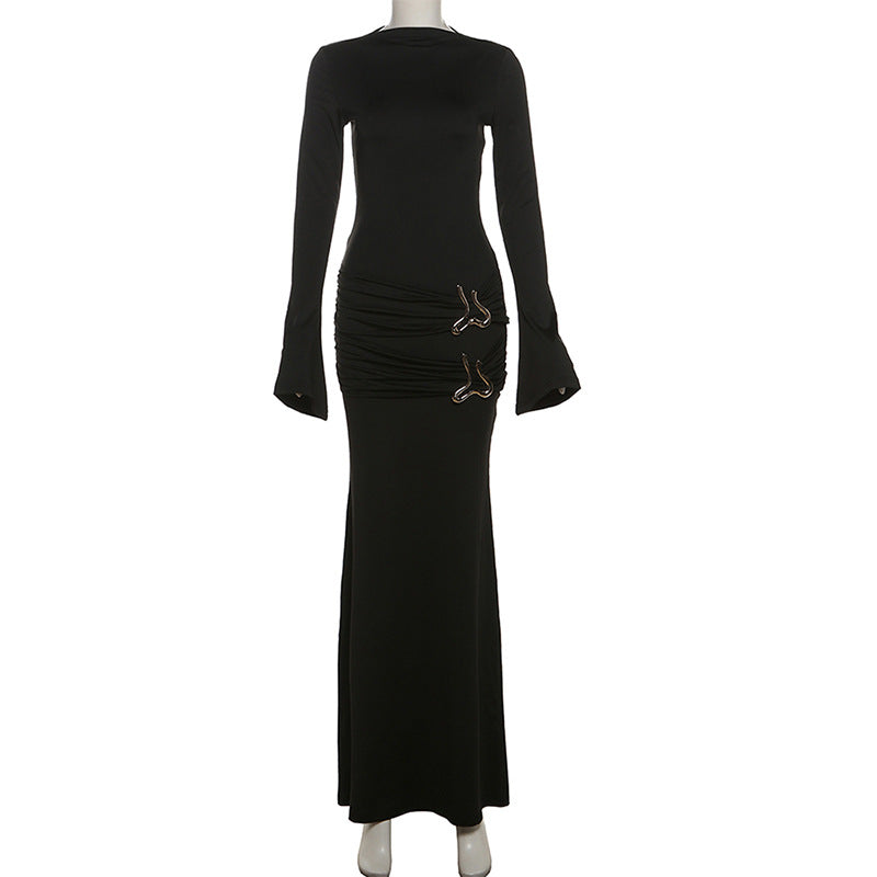 Women's Long Sleeve Maxi Dress with Side Buckle Detail