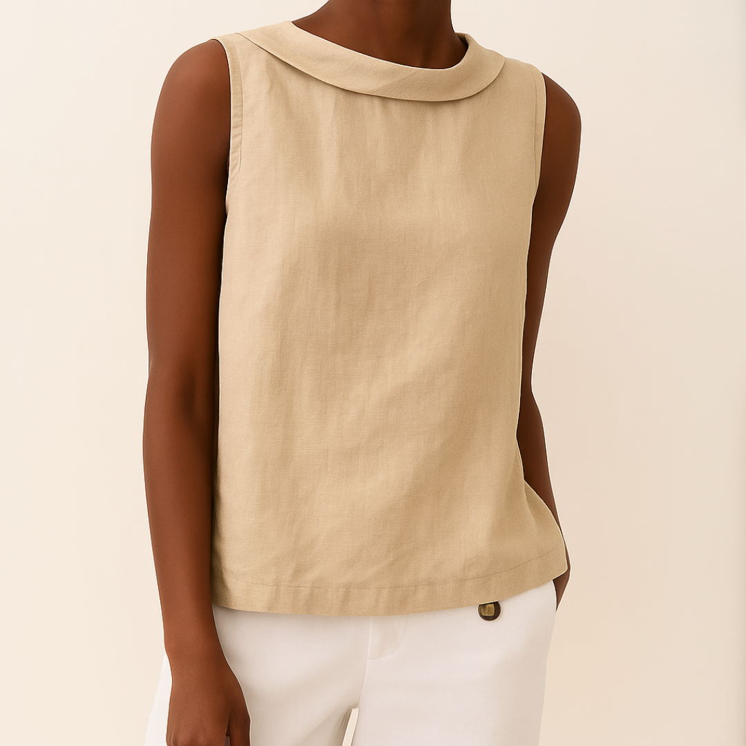 Women’s Sleeveless Linen Shell Top with Elegant Roll Collar and Minimalist Silhouette
