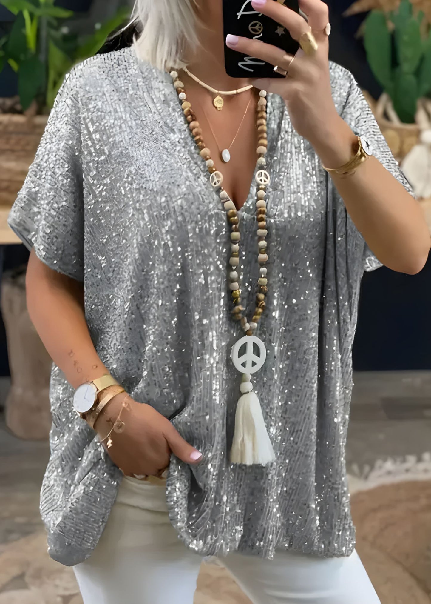 Women¡¯s Sequin V-Neck Tunic Top Loose Fit Oversized Short Sleeve Party Blouse