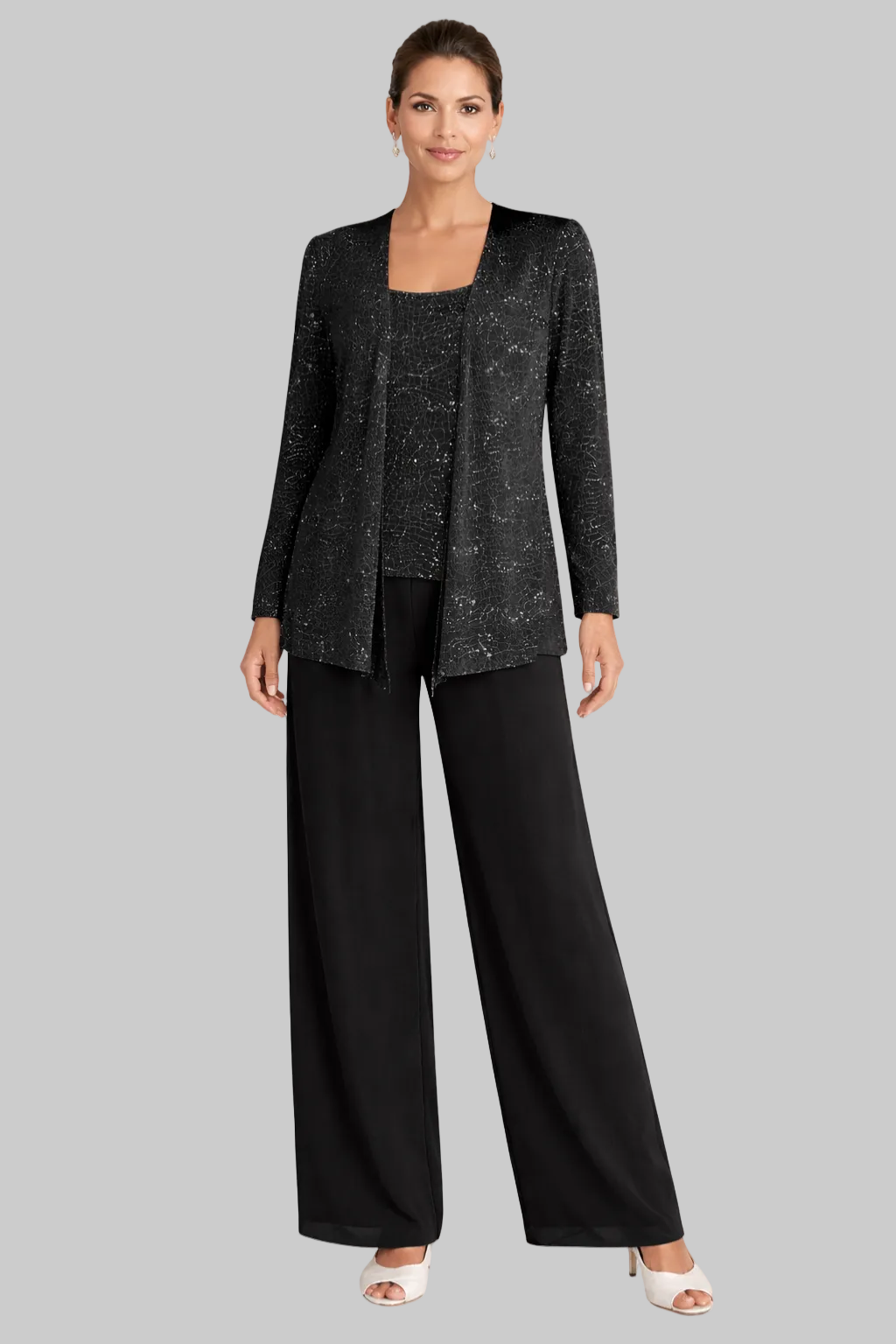 Women’s Three-Piece Pantsuit with Sequin Lace Jacket and Wide-Leg Trousers