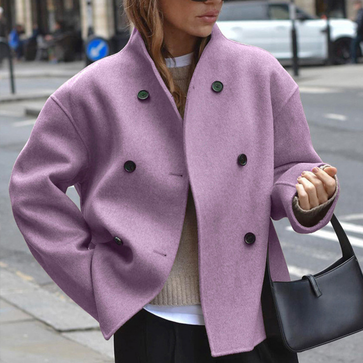 Women’s Double-Breasted Wool Blend Short Coat Oversized Boxy Peacoat