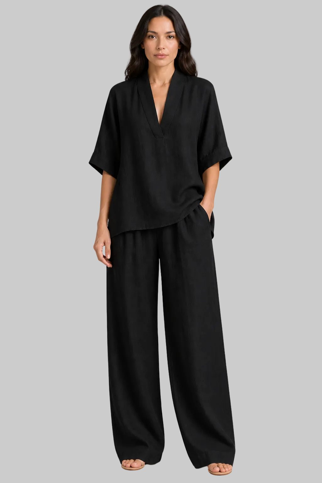 Women’s Linen Co-Ord Set with V-Neck Tunic Top and Wide Leg Trousers