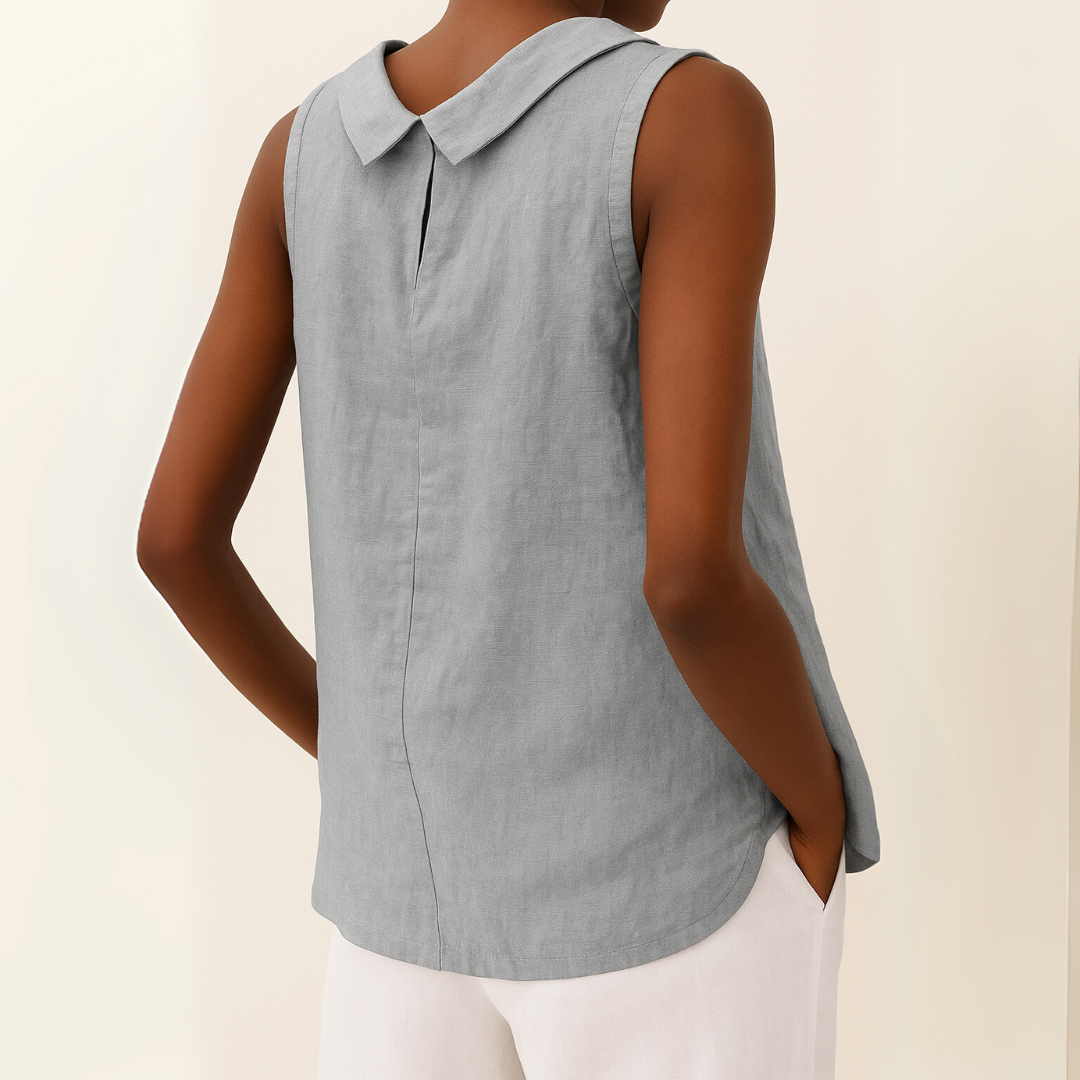 Women’s Sleeveless Linen Shell Top with Elegant Roll Collar and Minimalist Silhouette