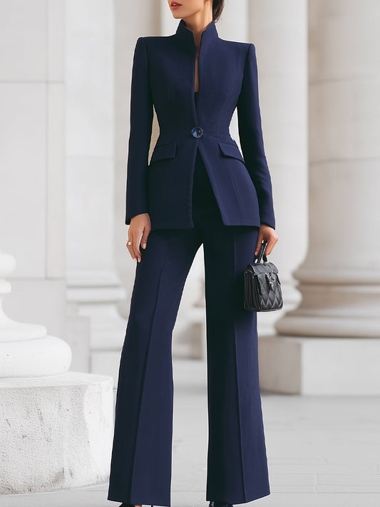 Women’s Pant Suit with Stand Collar Blazer and High-Waisted Wide Leg Trousers