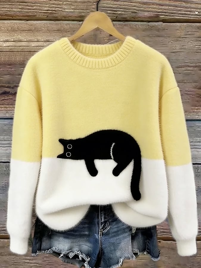 Women's Color-Block Cat Graphic Ribbed Knit Sweater