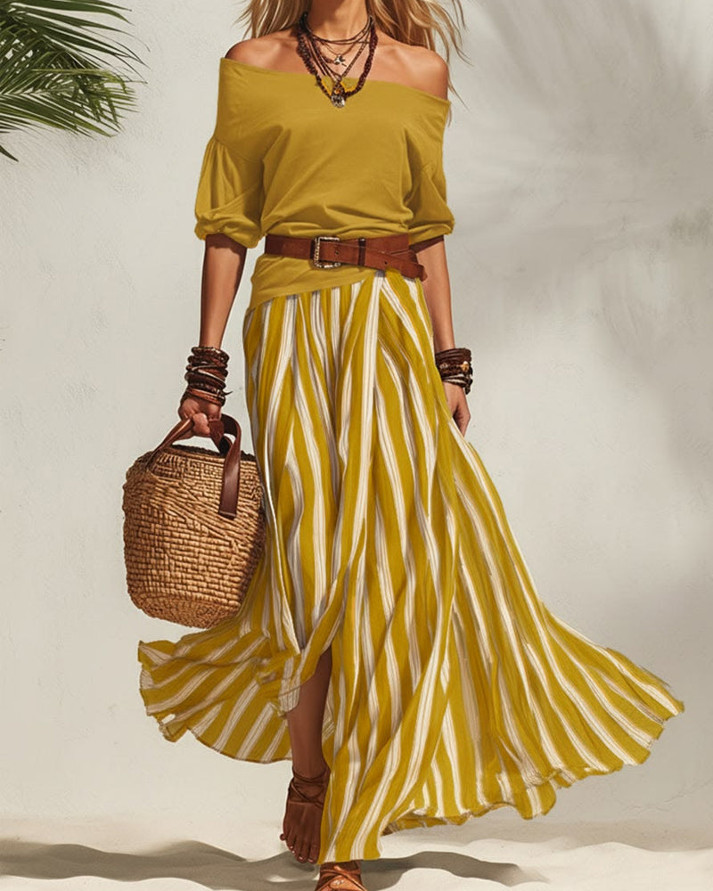 Women's Striped Maxi Skirt Set with Off-Shoulder Top for Effortless Style