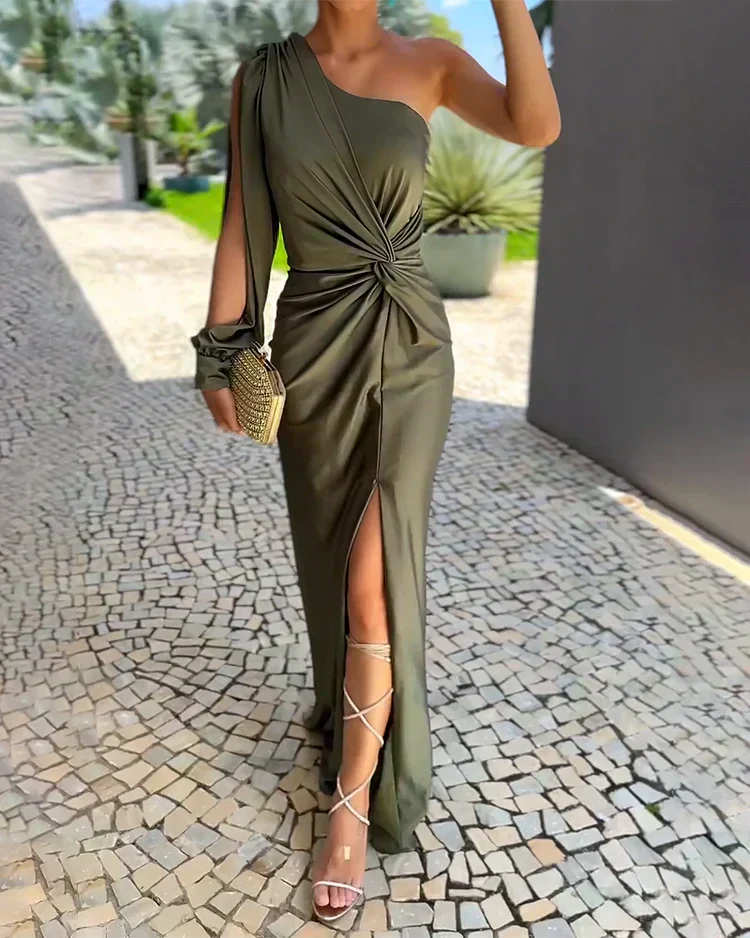 Women’s One-Shoulder Satin Maxi Dress Twisted Waist High Slit Wedding Guest Gown