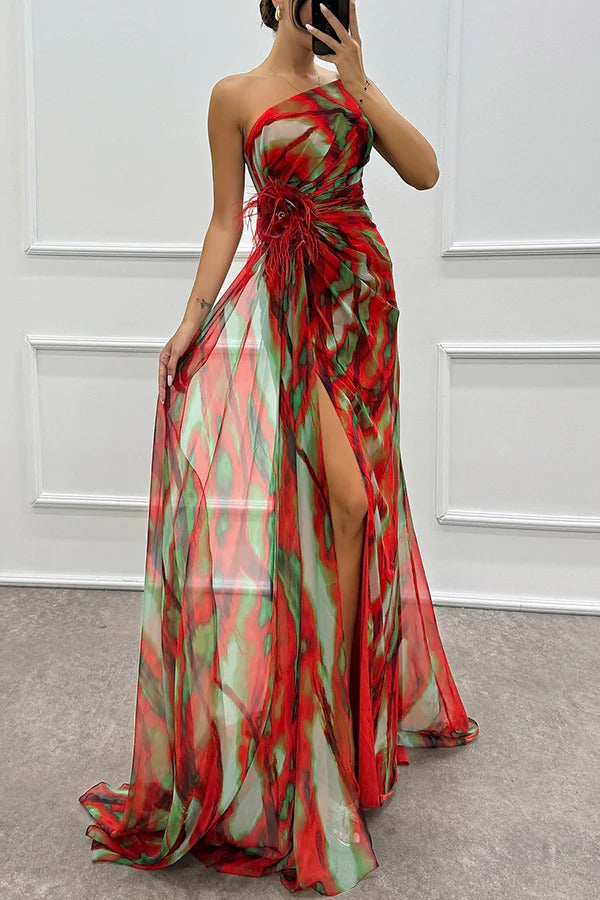 Women’s One-Shoulder Maxi Dress Feather Embellished High Slit Wedding Guest Gown