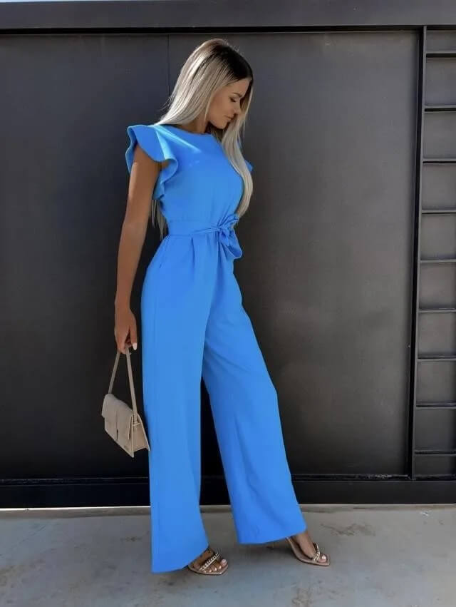 Women’s Wide Leg Jumpsuit with Ruffle Sleeves and Belted Waist