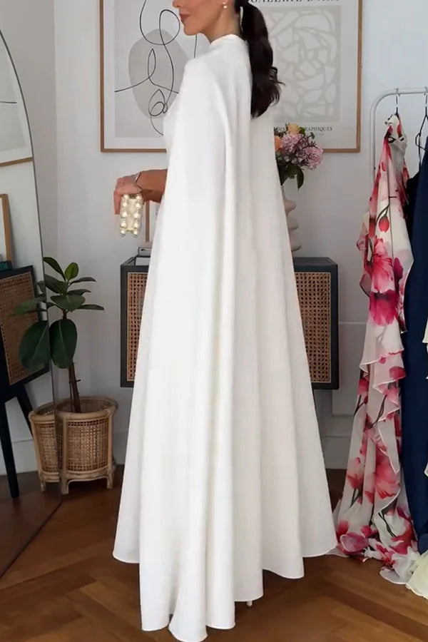 Women’s Tailored Cape Maxi Dress with Elegant High Neck and Column Silhouette