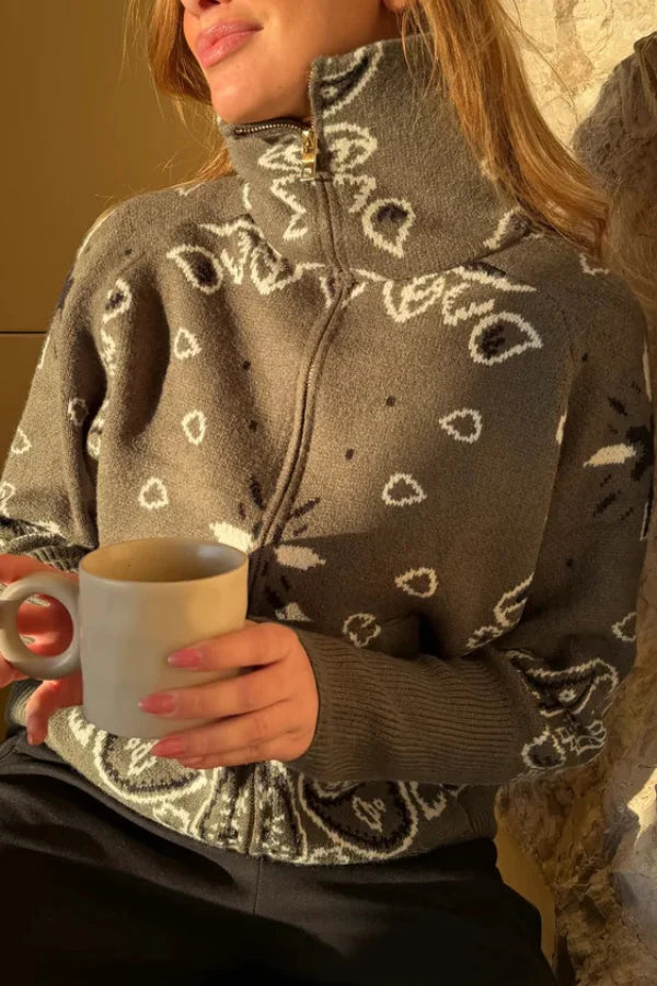 Women's Knit Zip-Up Sweater with Jacquard Paisley Print and High Turtleneck