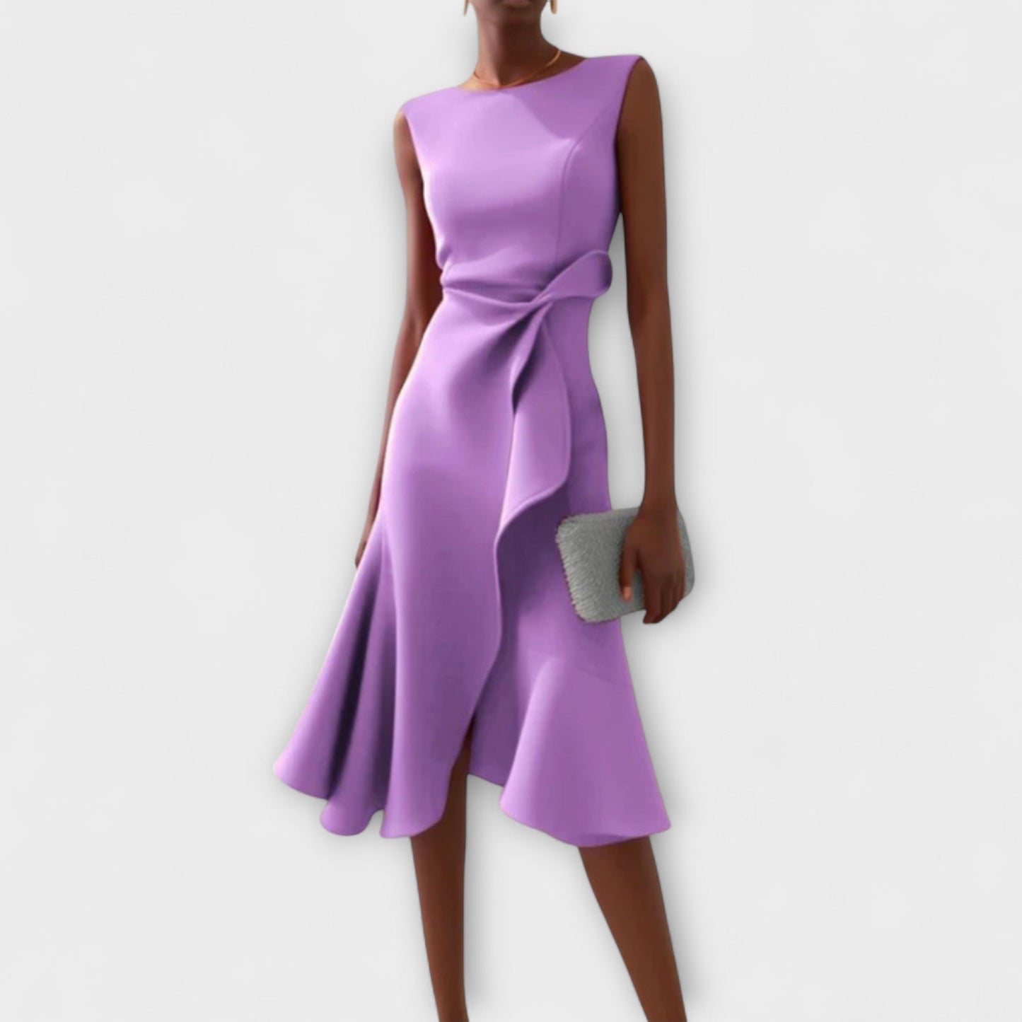 Women’s Midi Dress with Asymmetric Draped Ruffle and Sleeveless Fit
