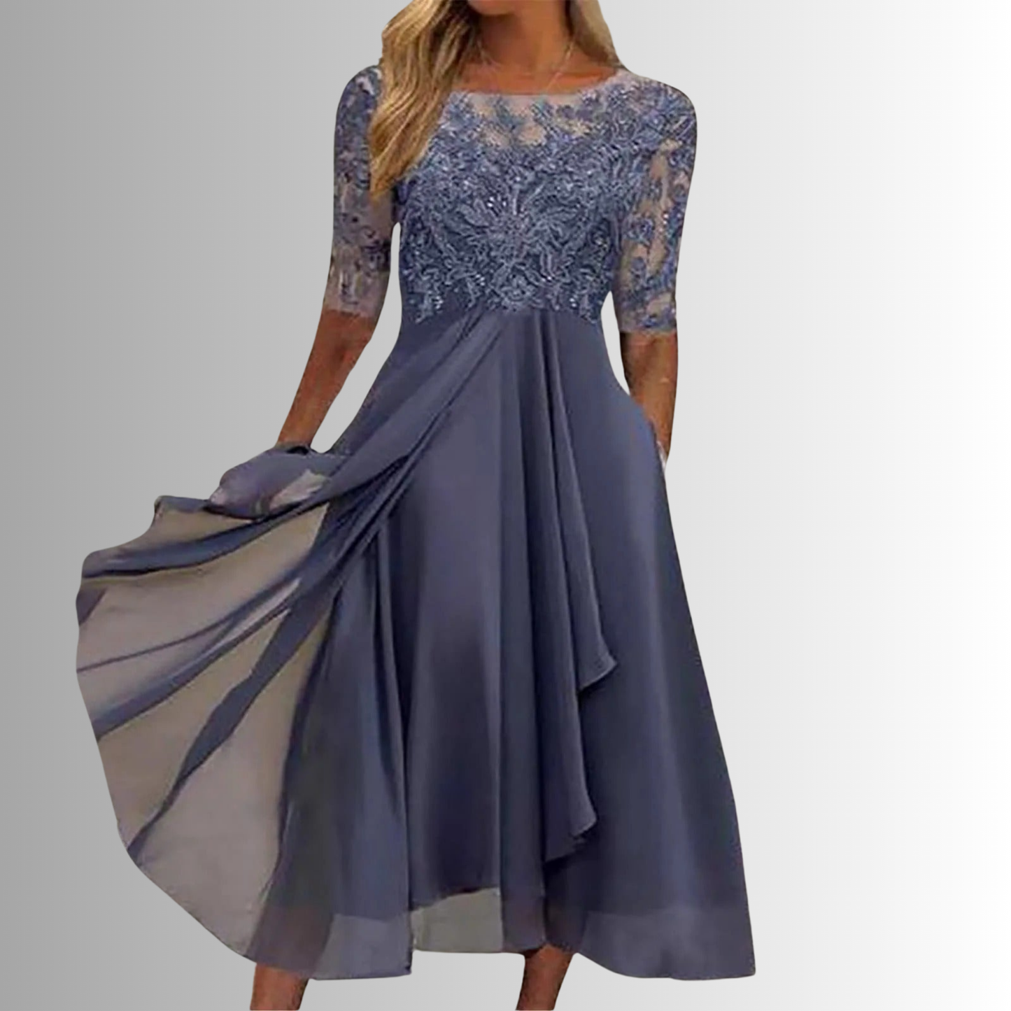 Women’s Midi Dress with Lace Appliqué Bodice and Flowing Chiffon Skirt