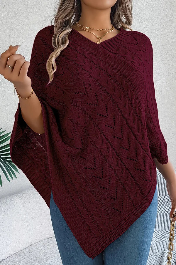Women’s Knitted Cape with Openwork Pointelle Stitch and Scalloped Hem