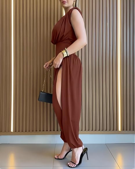 Women’s Sleeveless Jumpsuit Cinched High Waist Balloon Leg Romper