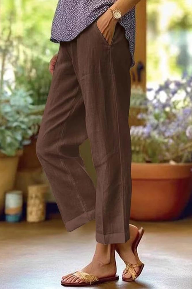 Women’s Trousers with Elastic Waist and Cropped Tapered Linen Fit